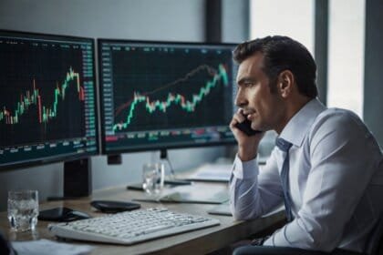Default A trader sitting at a desk with a monitor with a negat 0