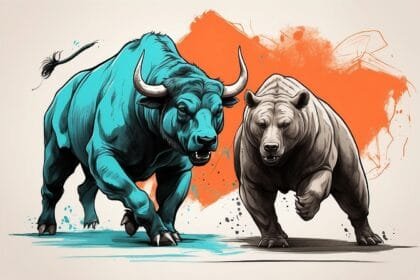 Default a sketch of a bull fighting a bear Use turquoise orang 1