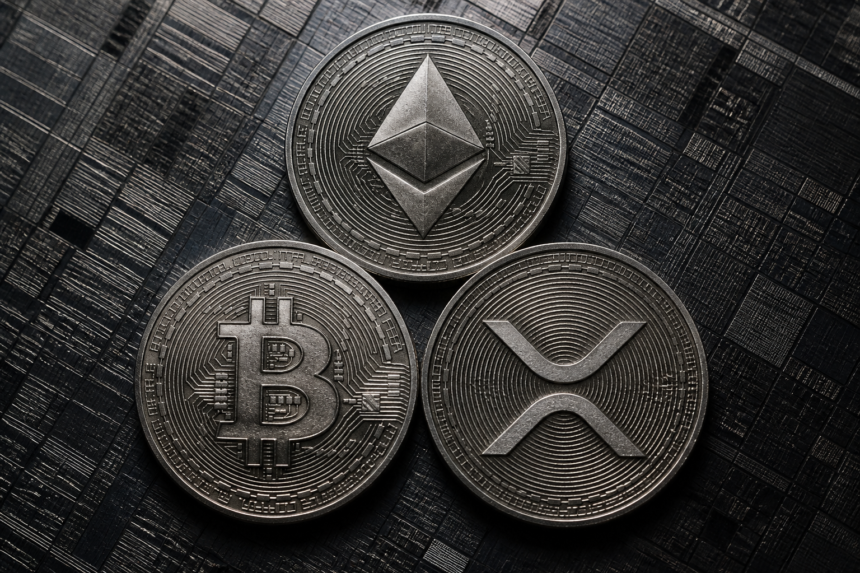 Trzy ciężkie metalowe krążki kryptowalut leżące na ciemnej płytce krzemowej w świetle studyjnym