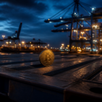 Pojedyncza metalowa moneta Bitcoin na tle stalowego kontenera i dźwigów portowych nocą.