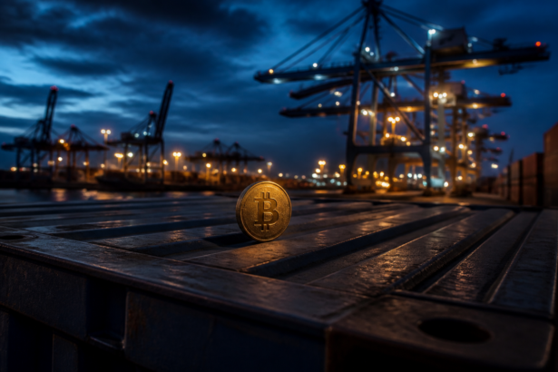 Pojedyncza metalowa moneta Bitcoin na tle stalowego kontenera i dźwigów portowych nocą.