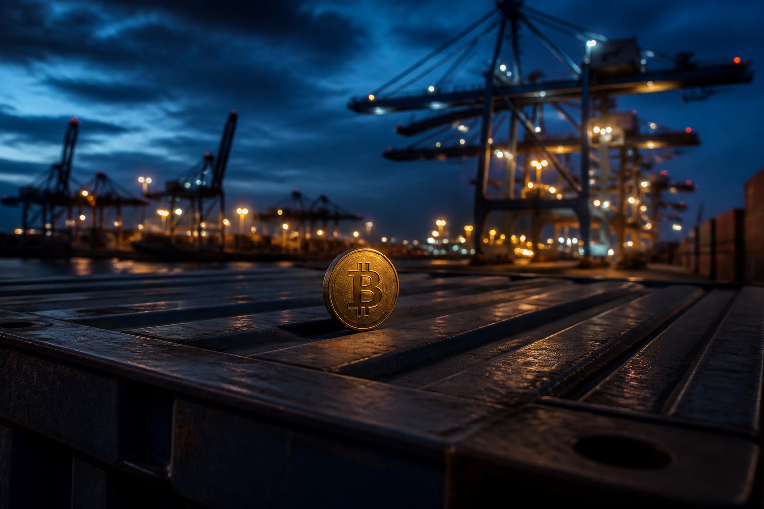Pojedyncza metalowa moneta Bitcoin na tle stalowego kontenera i dźwigów portowych nocą.