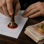 Złota moneta Bitcoin oraz plik rosyjskich rubli leżące na oficjalnych dokumentach regulacyjnych.