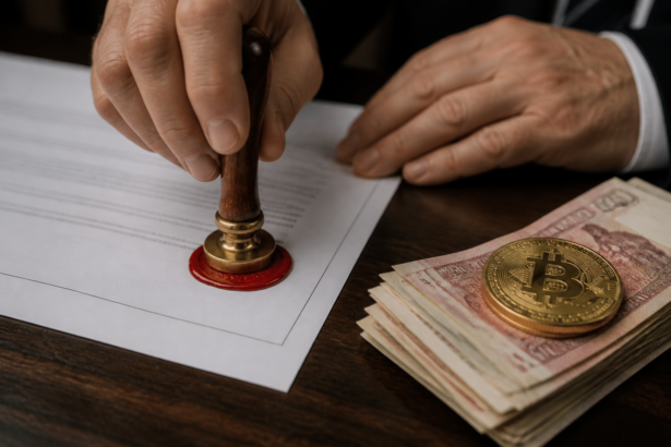 Złota moneta Bitcoin oraz plik rosyjskich rubli leżące na oficjalnych dokumentach regulacyjnych.