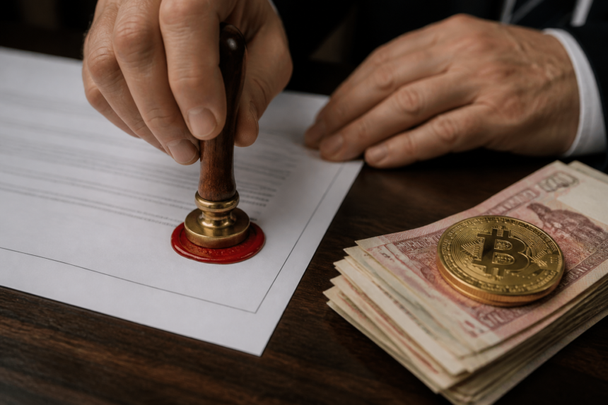 Złota moneta Bitcoin oraz plik rosyjskich rubli leżące na oficjalnych dokumentach regulacyjnych.