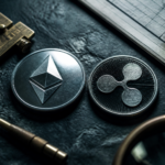 Metalowa moneta Ethereum obok monety XRP i narzędzi analitycznych w chłodnym oświetleniu.