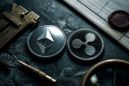 Metalowa moneta Ethereum obok monety XRP i narzędzi analitycznych w chłodnym oświetleniu.