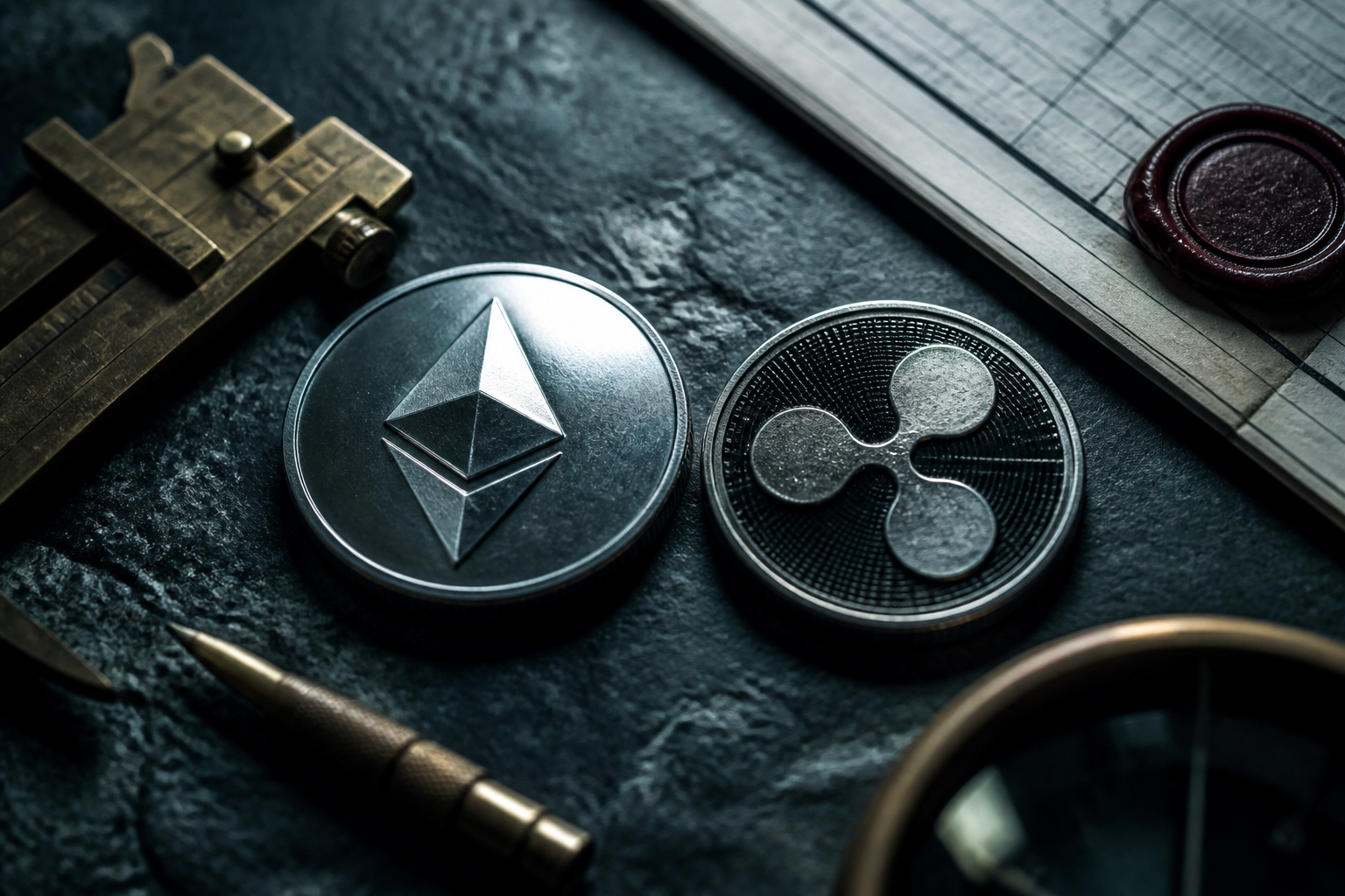 Metalowa moneta Ethereum obok monety XRP i narzędzi analitycznych w chłodnym oświetleniu.